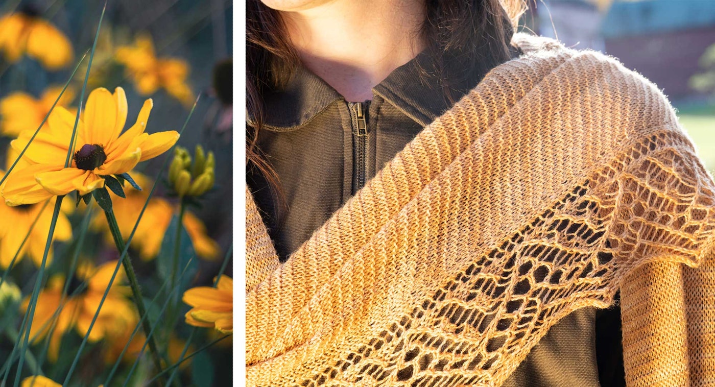 yellow flower with yellow knitted shawl