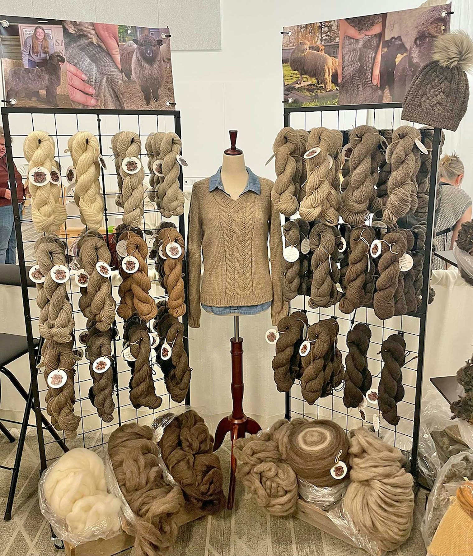 A display of natural yarn from Audrey‘s flock of Romney sheep.