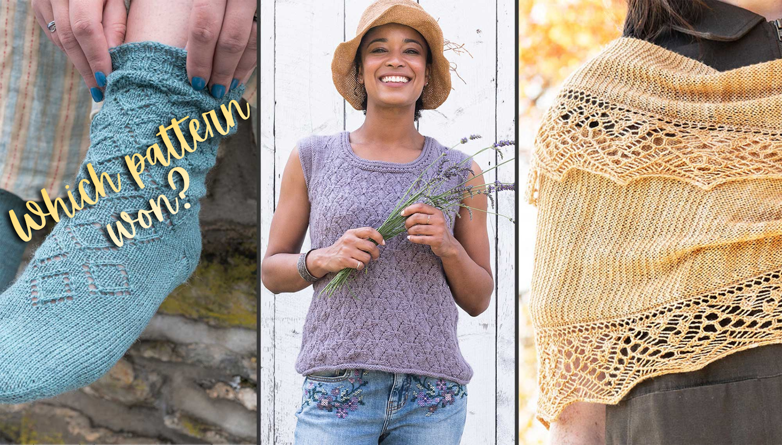 From left, a blue sock with lace, purple lacy top, and light tan shawl with a lacy edge, all knitted.