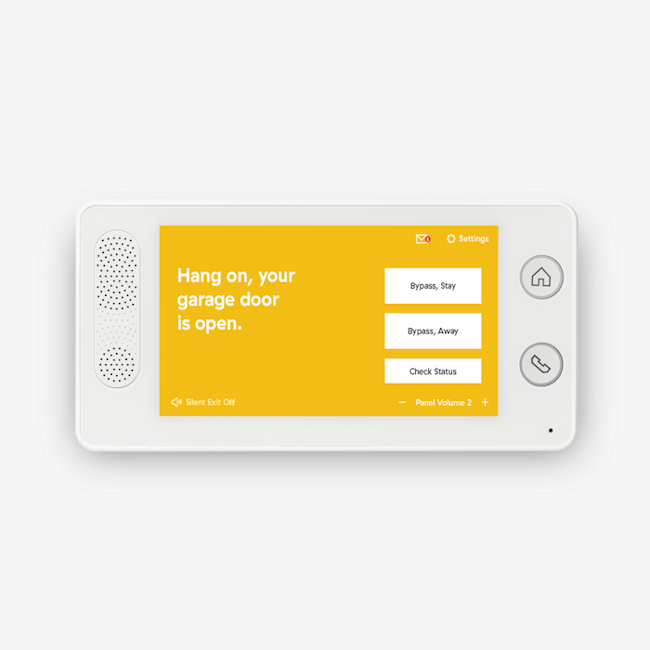 Cove Smart Alarm Panel with yellow screen. 