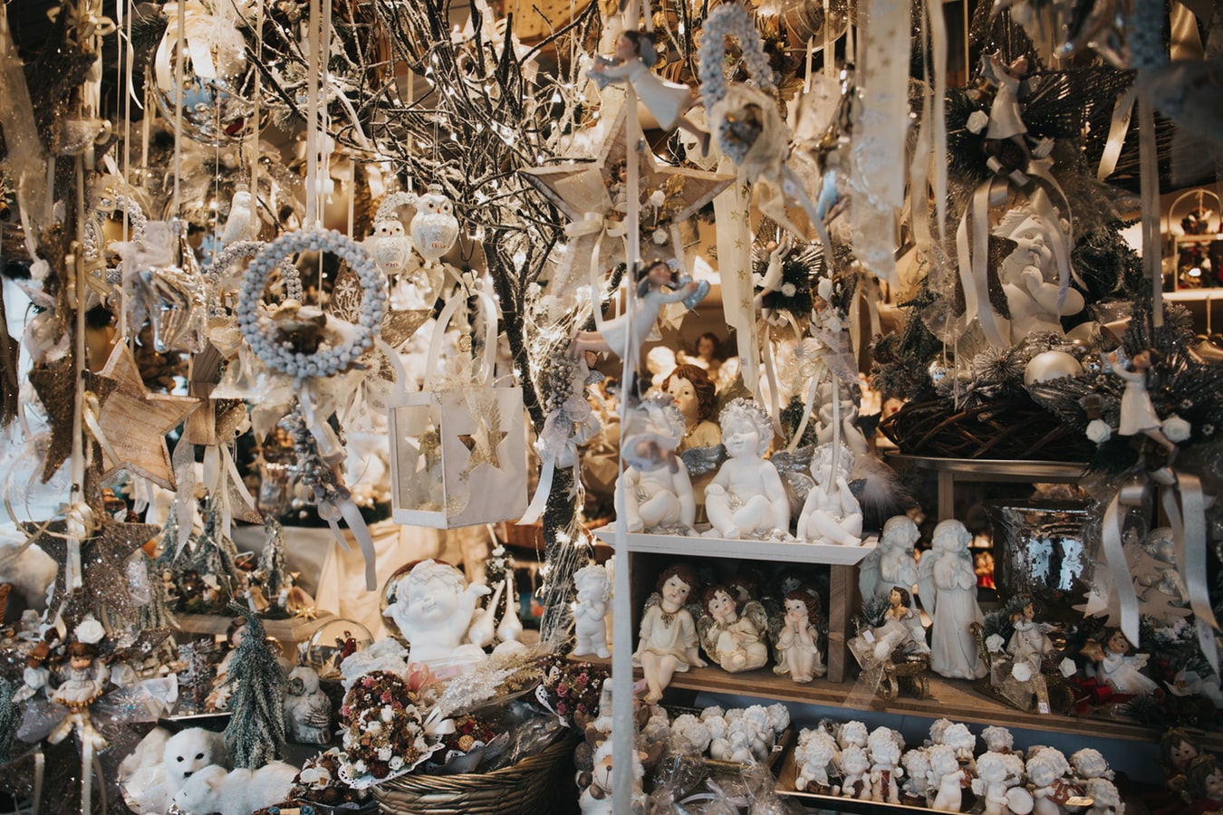 cluster of white Christmas decorations