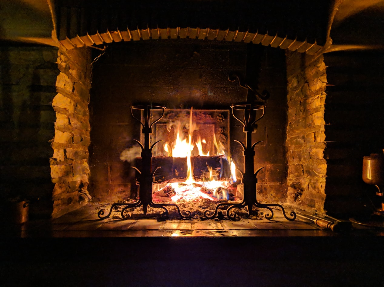 brick hearth with glowing fire
