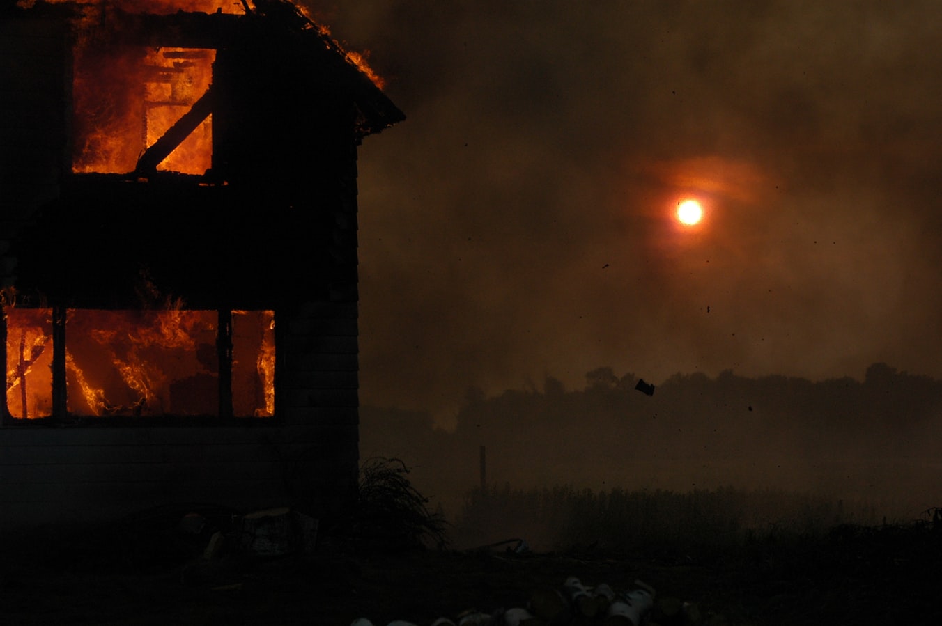 Burning House With Smoky Sunset