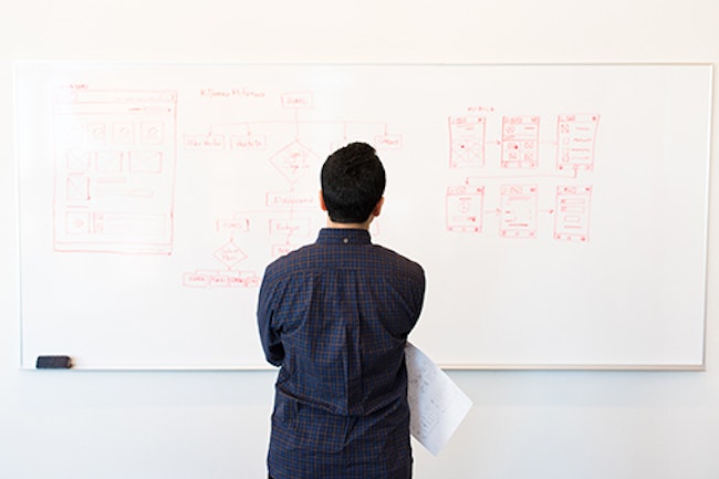 Man looking at white board with a security plan drawn up. 