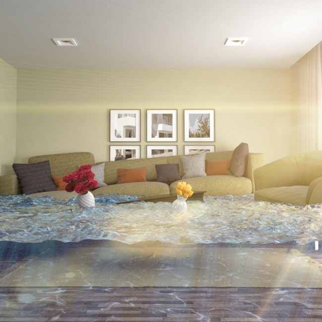A long couch is floating on top of the foot of water in the room due to not having a temperature monitoring system.