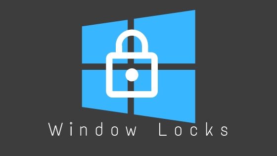 blue window on a black background with a white lock in front of the window. Text at bottom says window locks. 