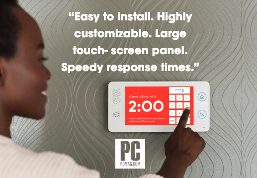 PC Mag Quote About Cove Being Easy to Install and an image of Cove's Touch Alarm Panel