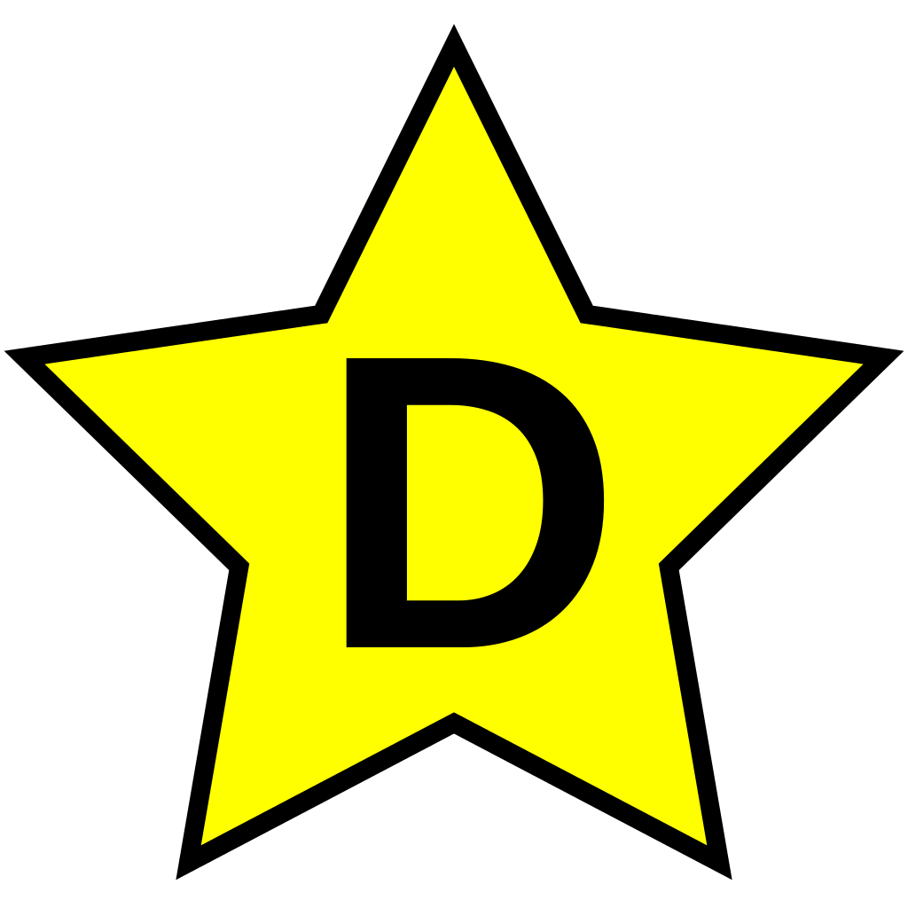 Class D Fire Extinguisher Symbol. Black letter D surrounded by a yellow star.
