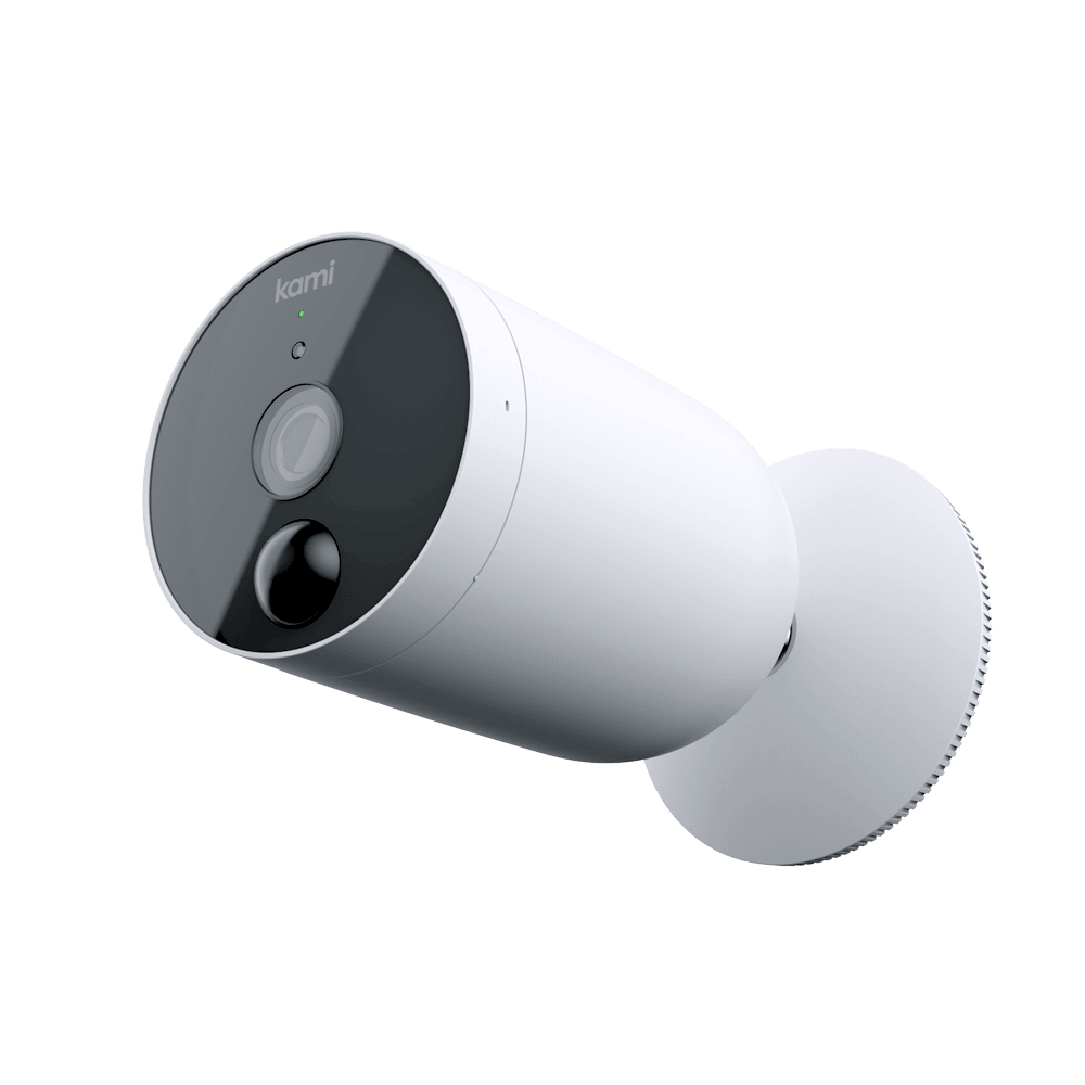 White outdoor security camera with black face.  No background. 