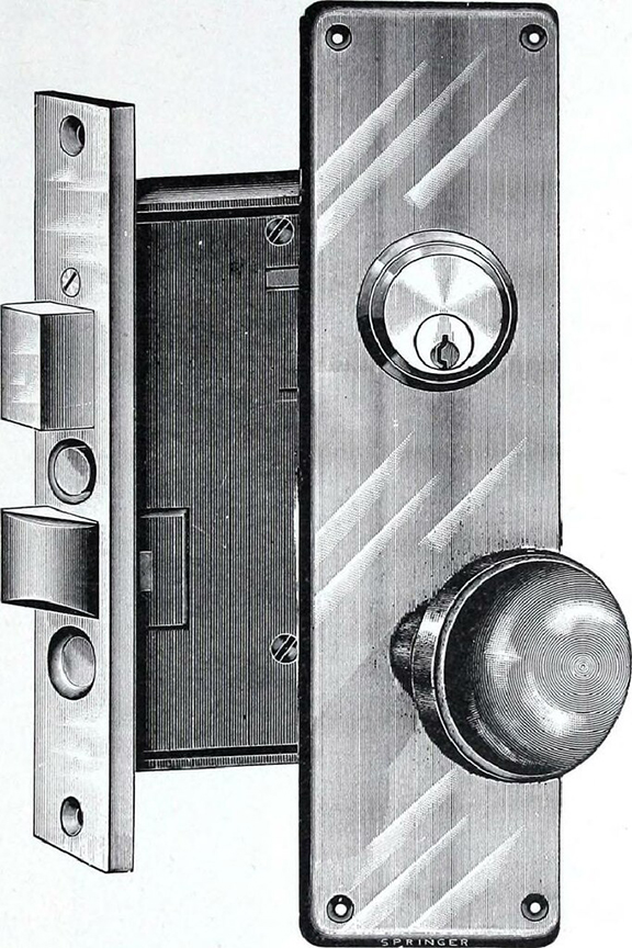 Drawing of a deadbolt lock with door knob but no door