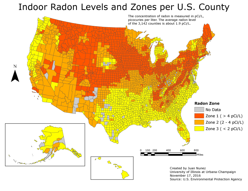 Heat map of radon levels in the U.S. There is radon almost everywhere so radon testing is important. 