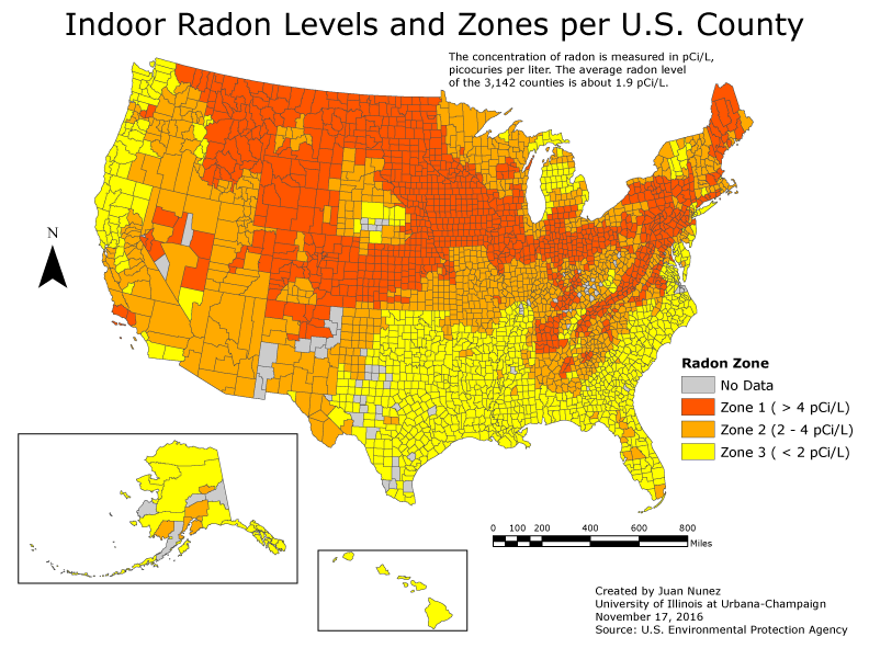 Heat map of radon levels in the U.S. There is radon almost everywhere so radon testing is important.