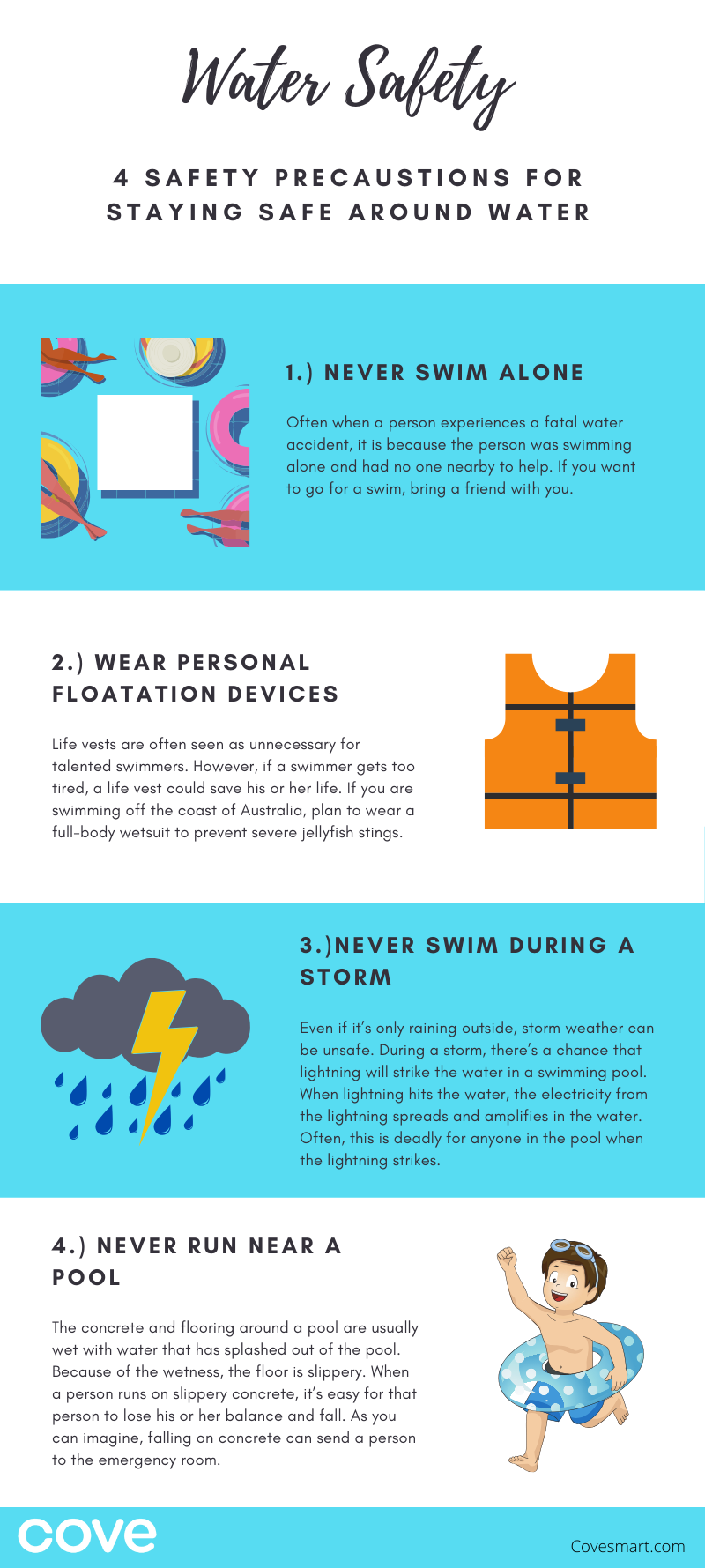 Water safety precautions. Never swim alone. Wear personal floatation devices. Never swim during a storm. Never run near pool.