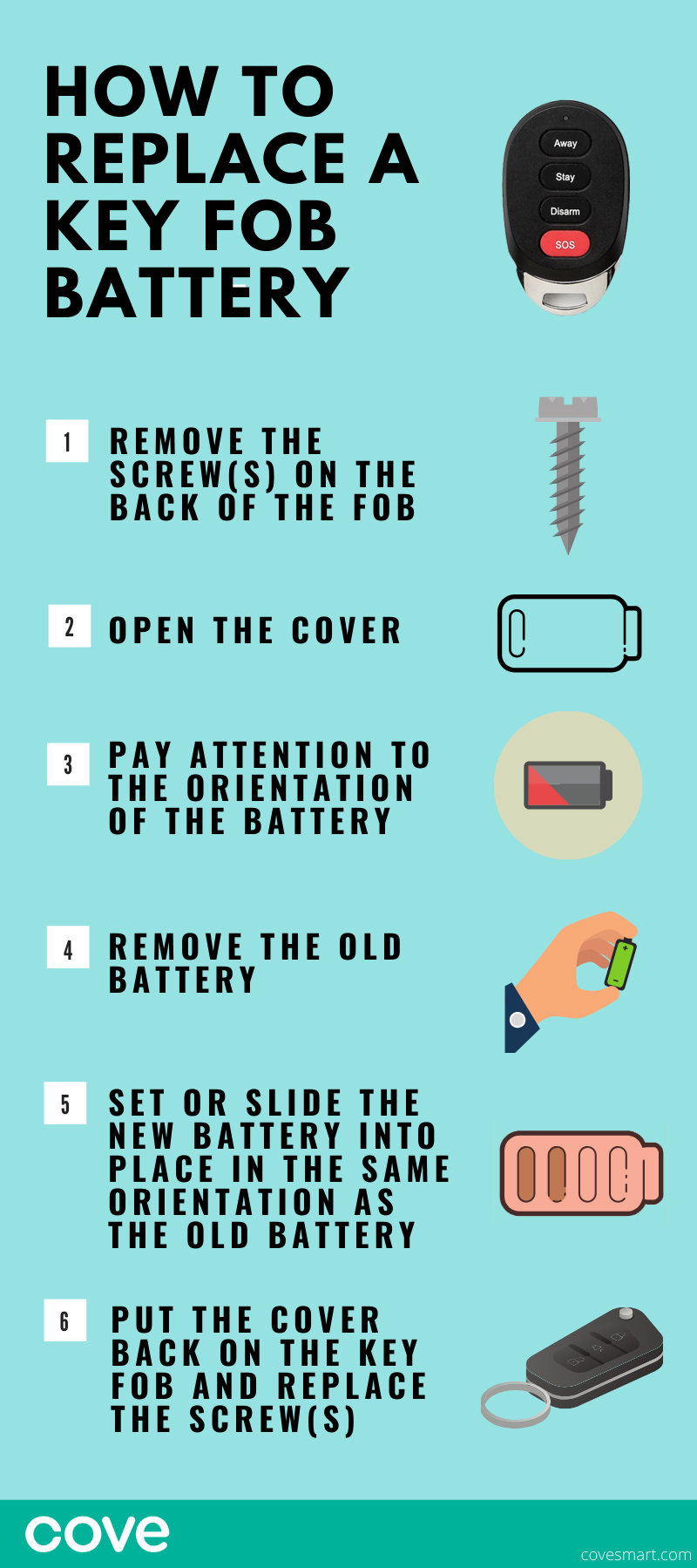 Remove the screws, open the cover, remember the orientation of the battery, remove the battery, replace the battery.