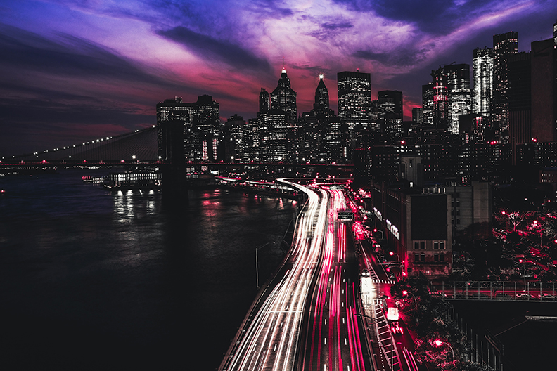 New York City on the Water and Near a highway at Night