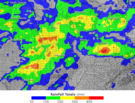 flood map showing the concentration of rain and potential of flooding by changes in color.