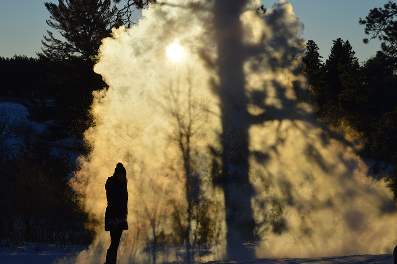 The silhouette of a burglar standing in the forest at sunrise.