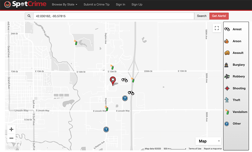A screenshot of a Des Moines Crime Map (showing arrests as well as recent crimes) from SpotCrime.com.