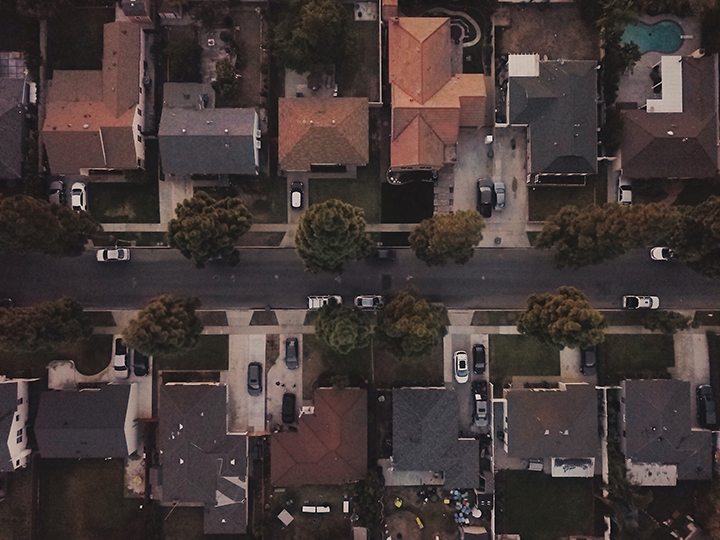 Birds eye view of a California Neighborhood at sunset