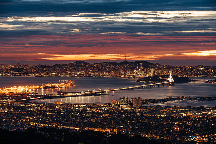 Shot of the bay area city in California at dusk