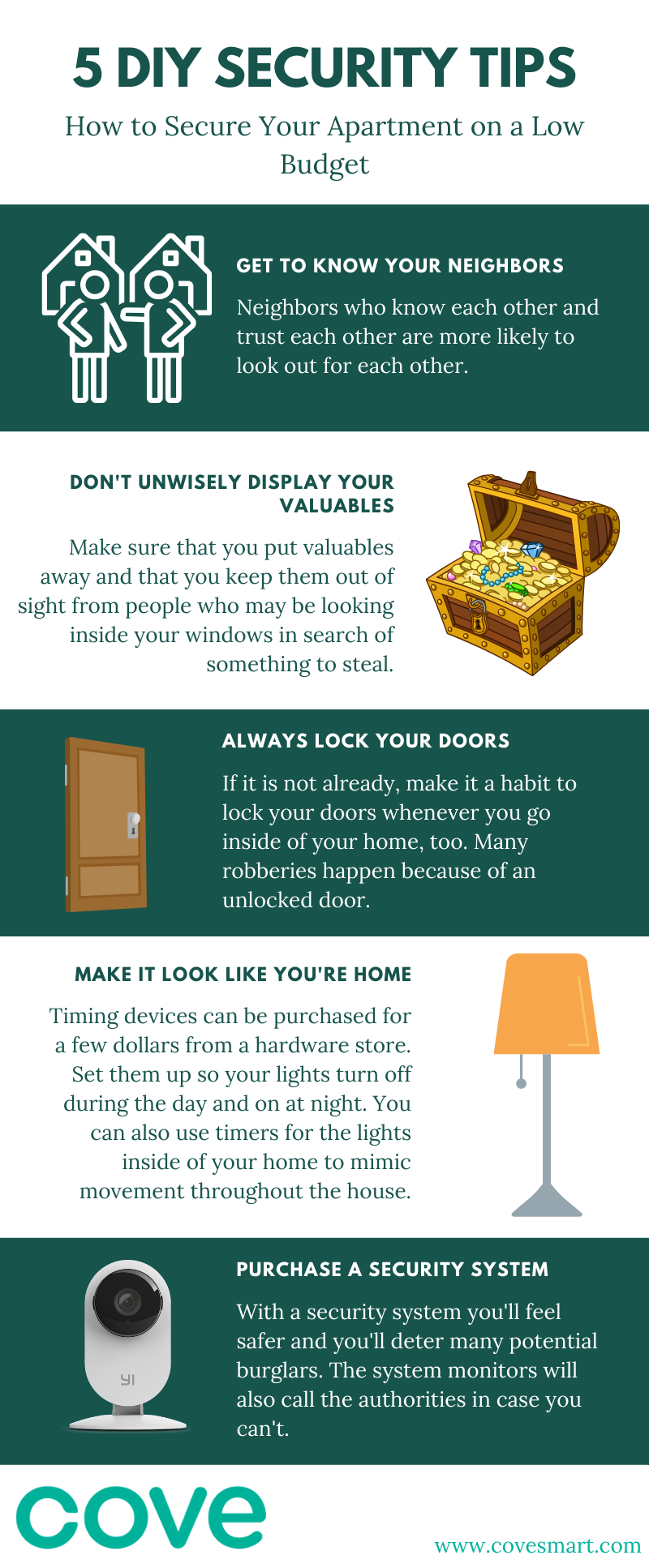 5 DIY Security Tips Infographic. Get to know your neighbors, don't display valuables, install a home security system, etc.