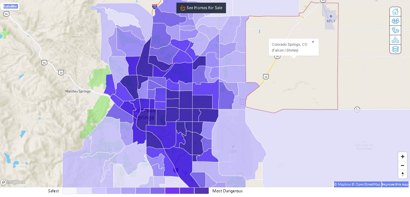 Colorado Springs Crime Map. The colors show high crime towards the city center and lighter crime as you move outside the city