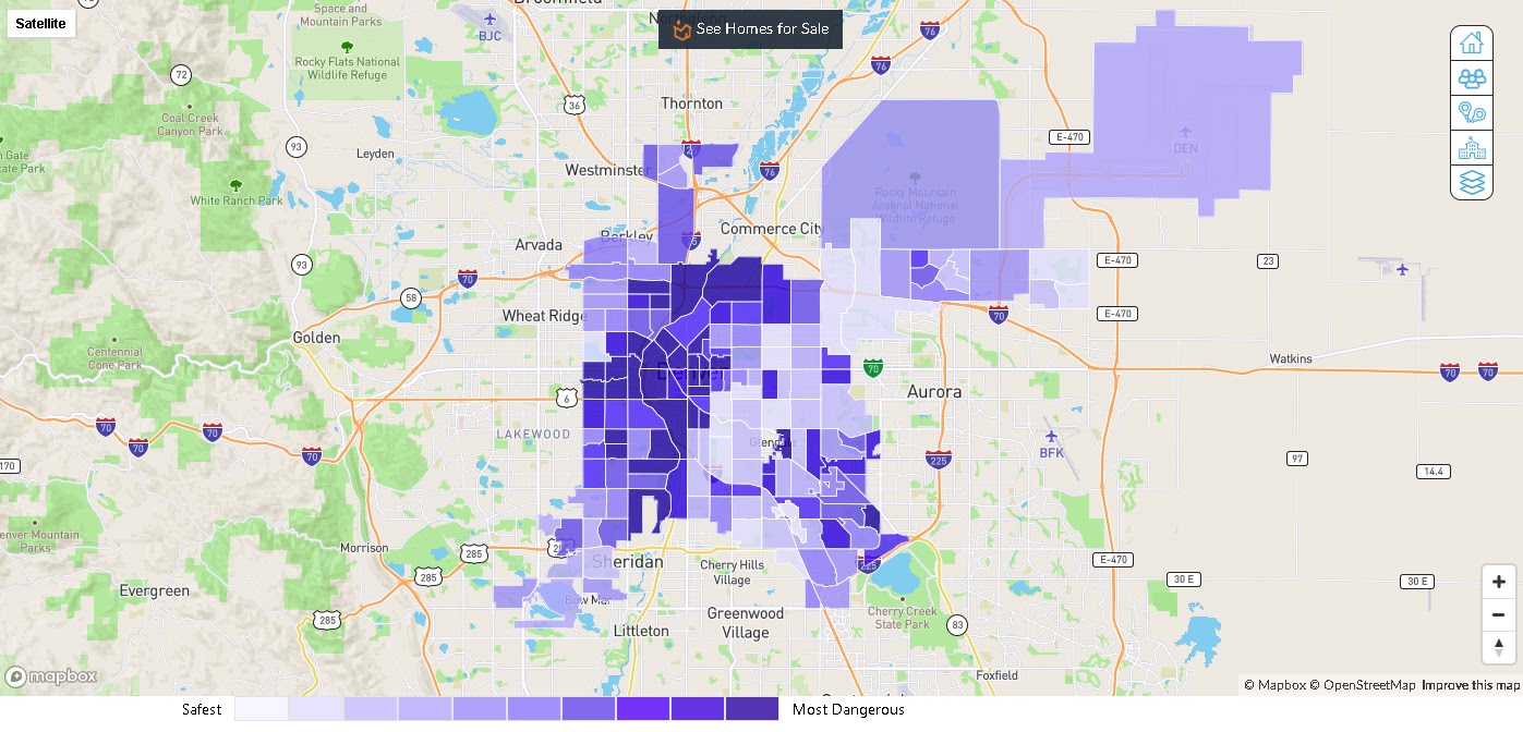 Denver Colorado Crime Map. Lots of dark blue at the city center signifying a higher crime rate in that area.