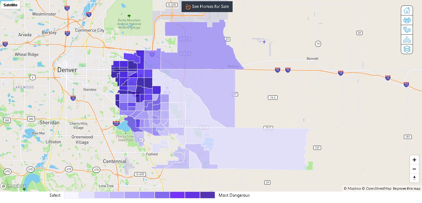 Aurora Colorado Crime Map. High rate of crime in the west toward Denver. less crime in the eastern parts.