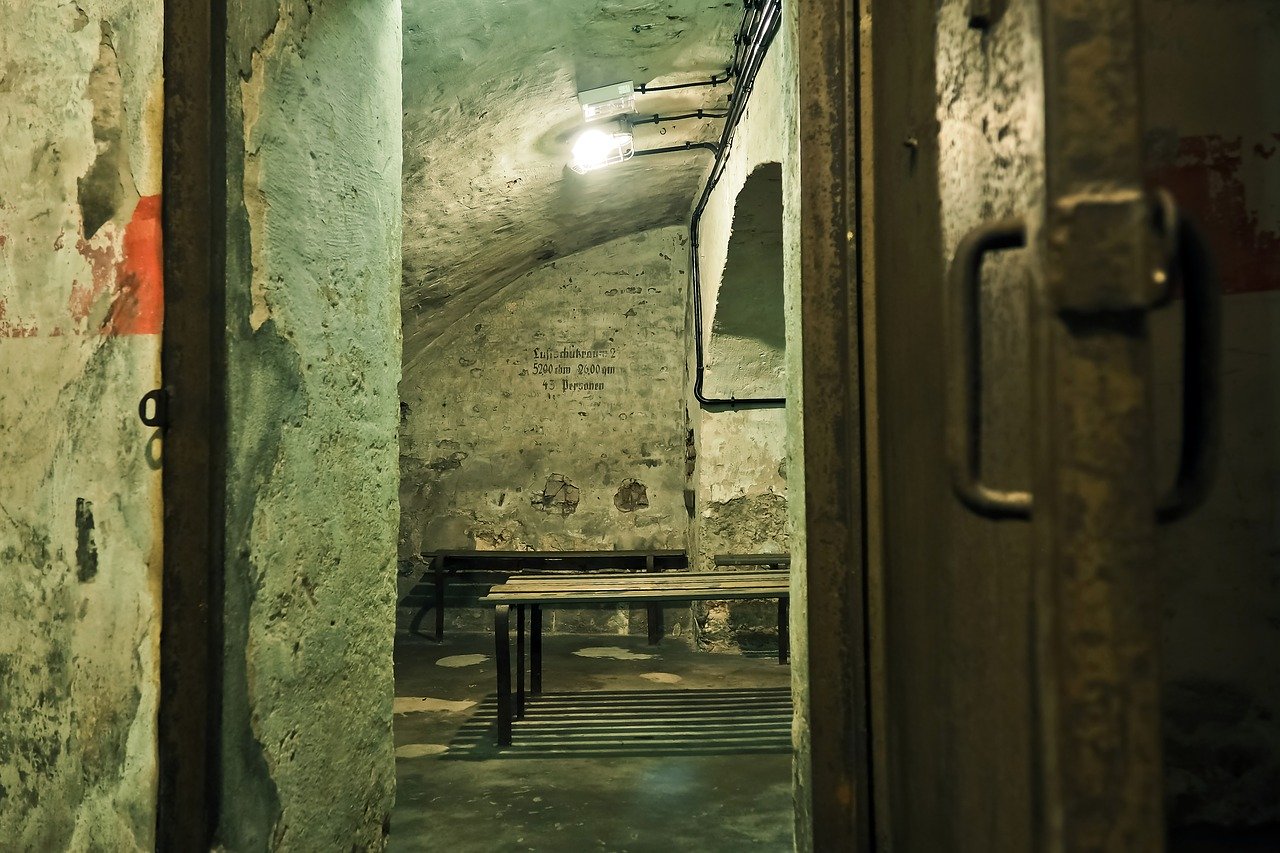 A bomb shelter seen through an open door with a small wooden bench inside
