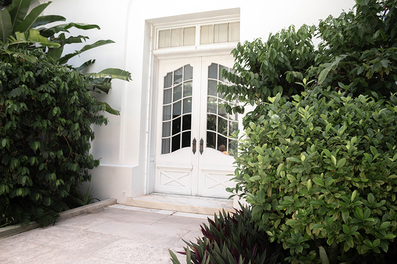 French Doors With Burglar-Proof Glass with a hedge on either side of the door.