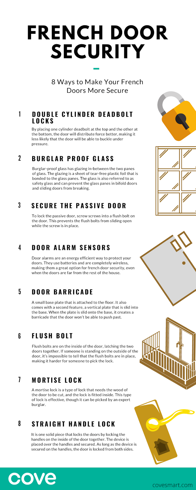 French Door Security Infographic: Secure your door with deadbolt locks, burglar proof glass, alarm sensors, etc. 