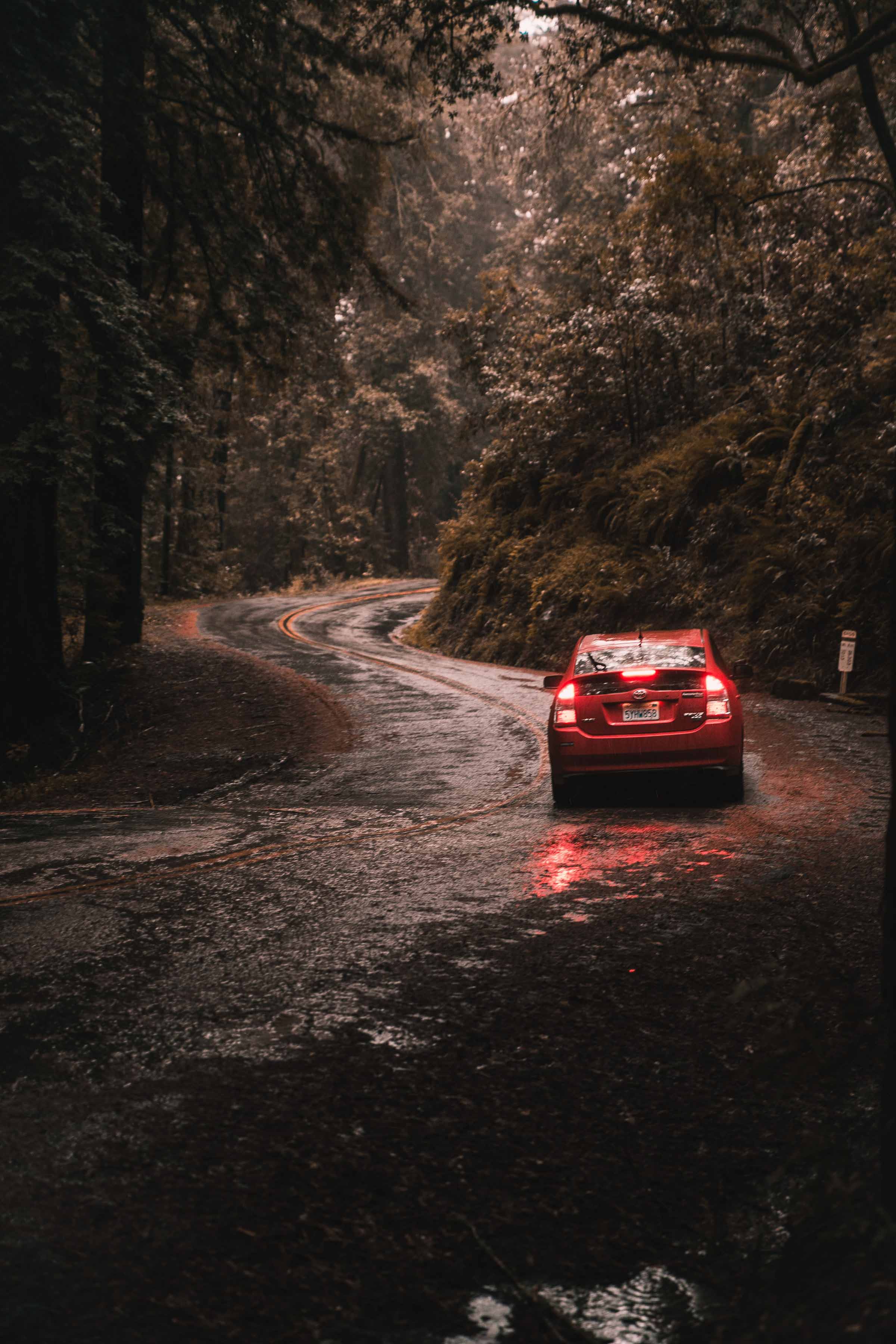 A red car in the road.