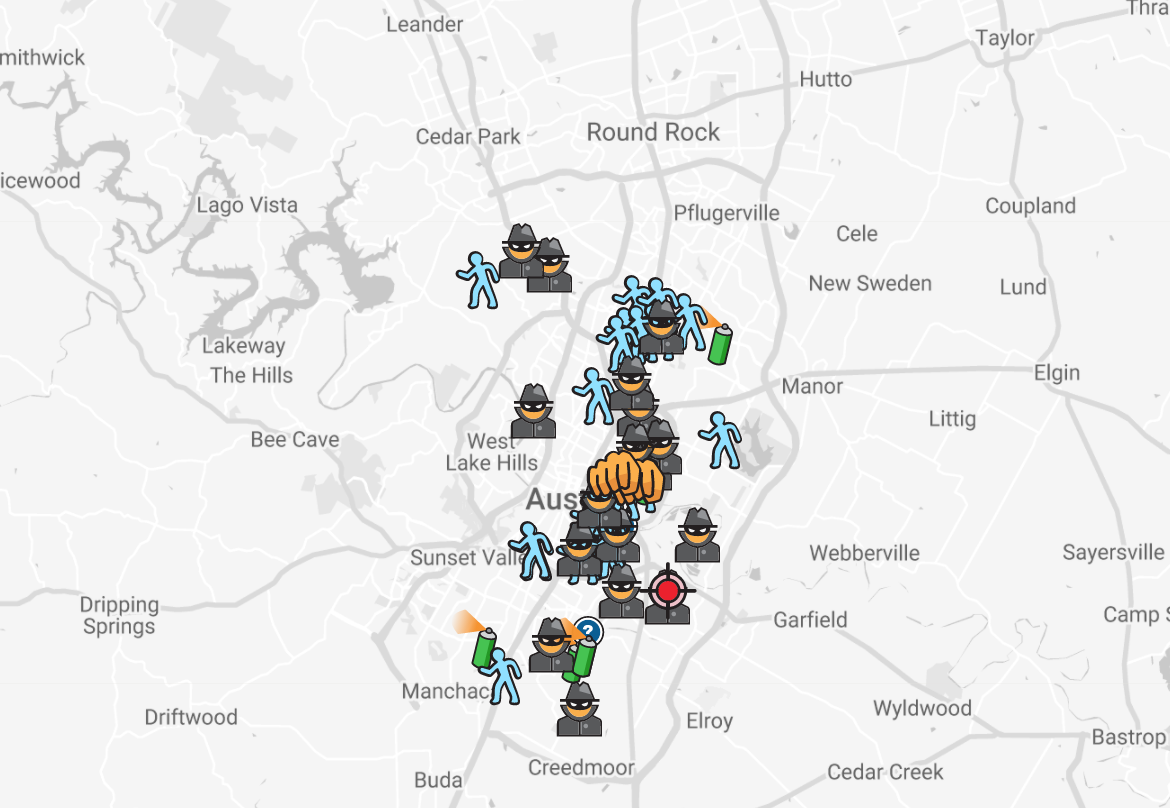 Austin Texas Crime Map. Fists are assaults, targets are shootings, spray paint is vandalism, and burglar represents burglary