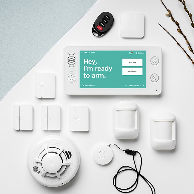 Cove alarm panel, window and door sensors, medical alert button, key fob, flood sensor, etc.