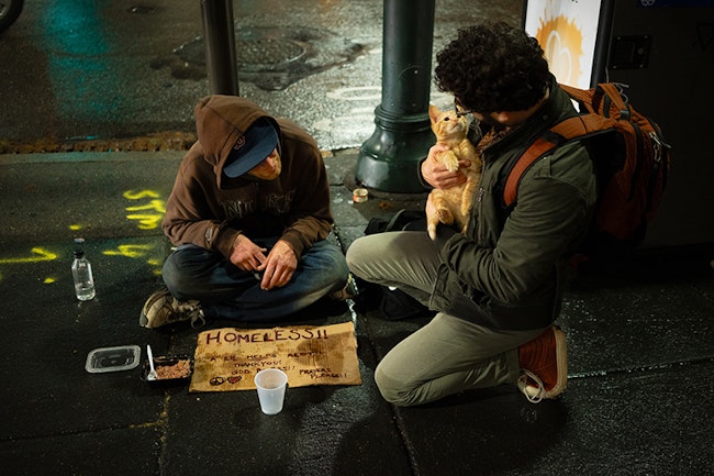 Homeless Man with sign and cat