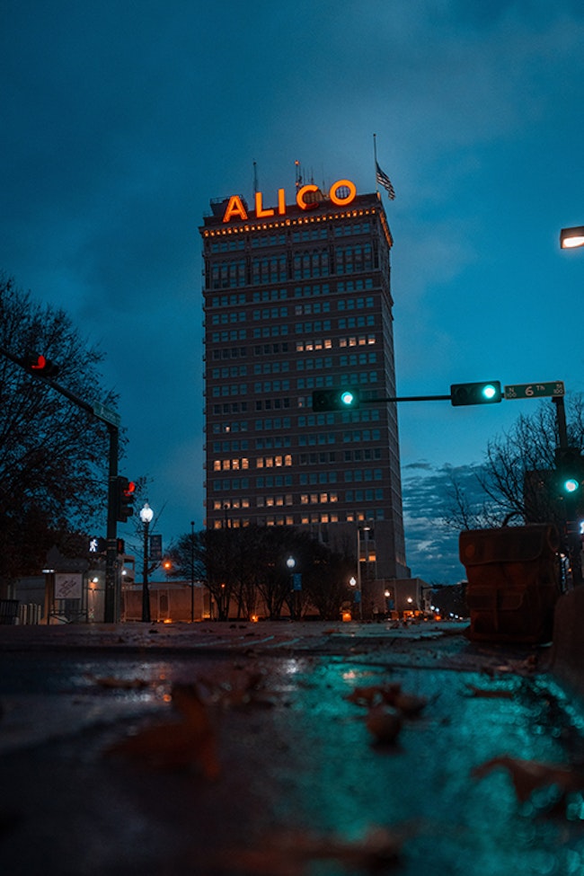 Alico Building in Waco Texas in the evening