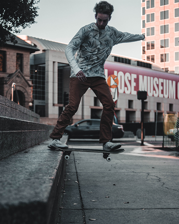San Jose Skateboarder in front of San Jose Museum