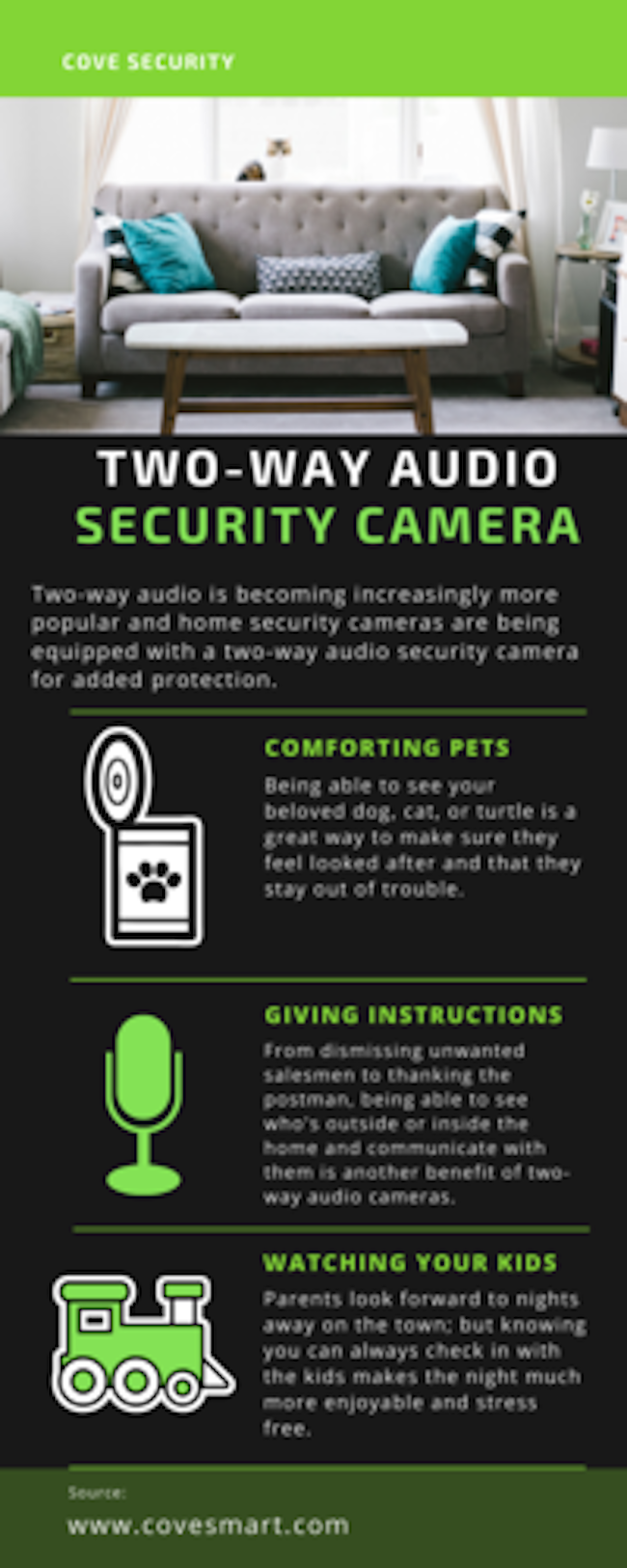 Two-way audio security camera infographic, It can be used for comforting pets, give instructions, and watch your kids.