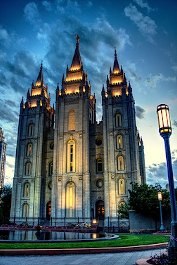Downtown Salt Lake City Temple At Night with warm lighting