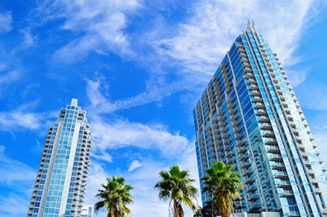 Two large buildings in Tampa Florida. Palm trees in the foreground.