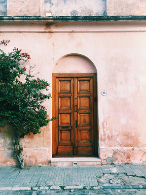 A Nice double wood door in an adobe building.