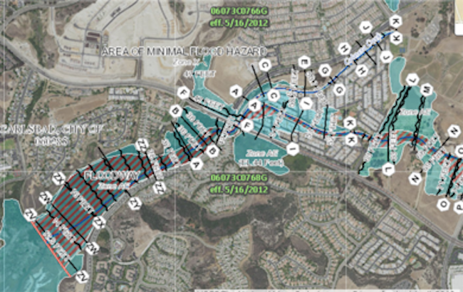 A flood map with letters signifying the risk of flooding.