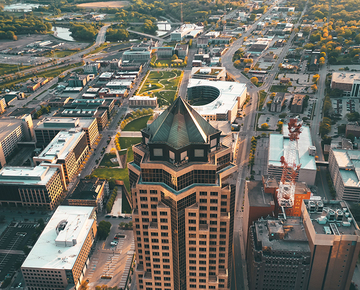 Drone shot of a city in Iowa