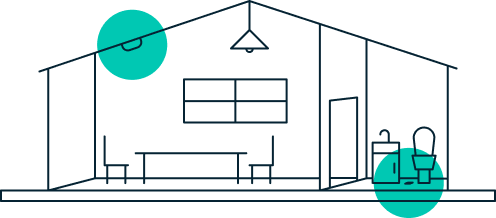 Illustration of a home with a smoke Co detector and a water leak sensor