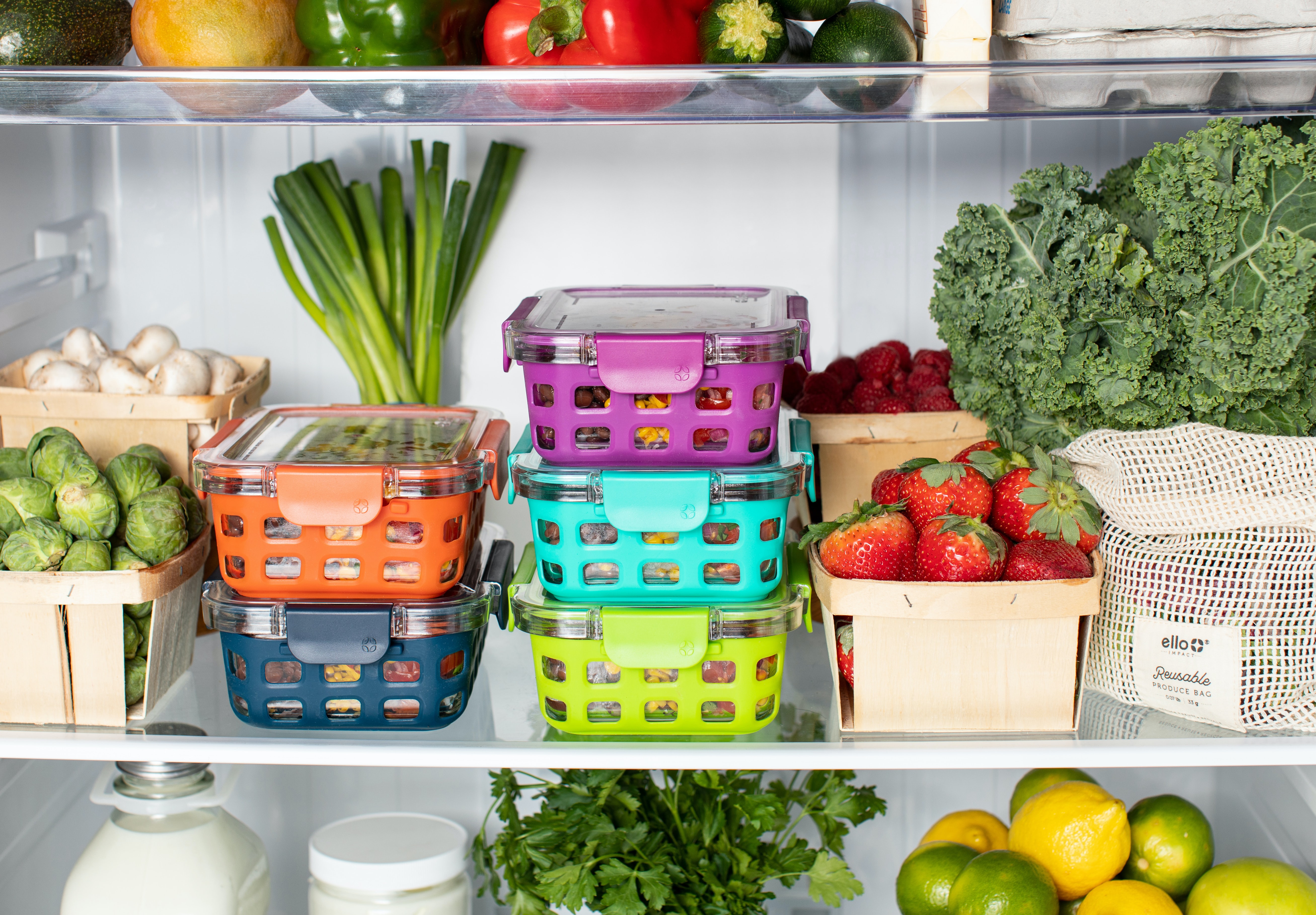A fridge full of healthy fruits and veggies for a healthy diet.