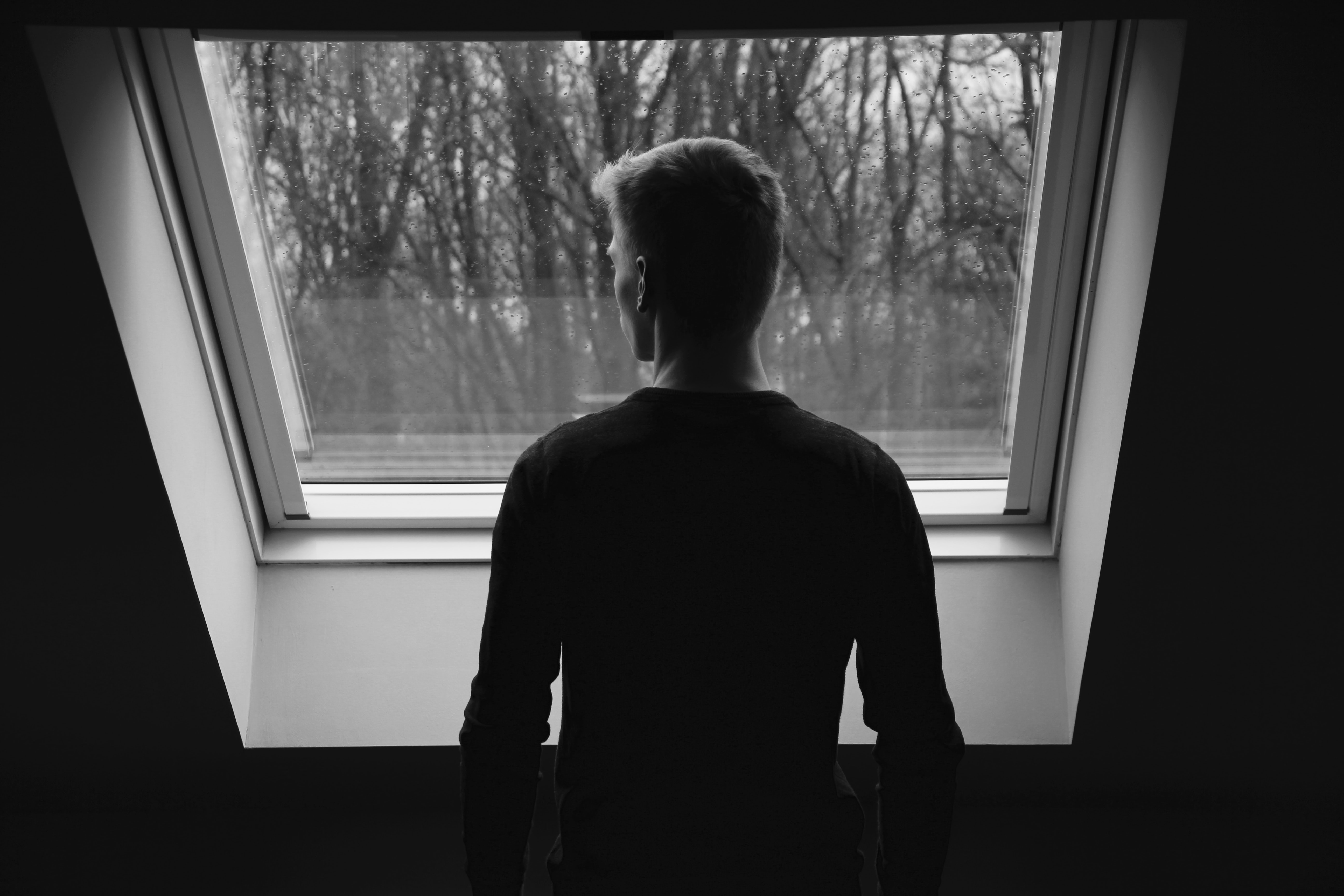 Man looking out of a window of a home into trees.