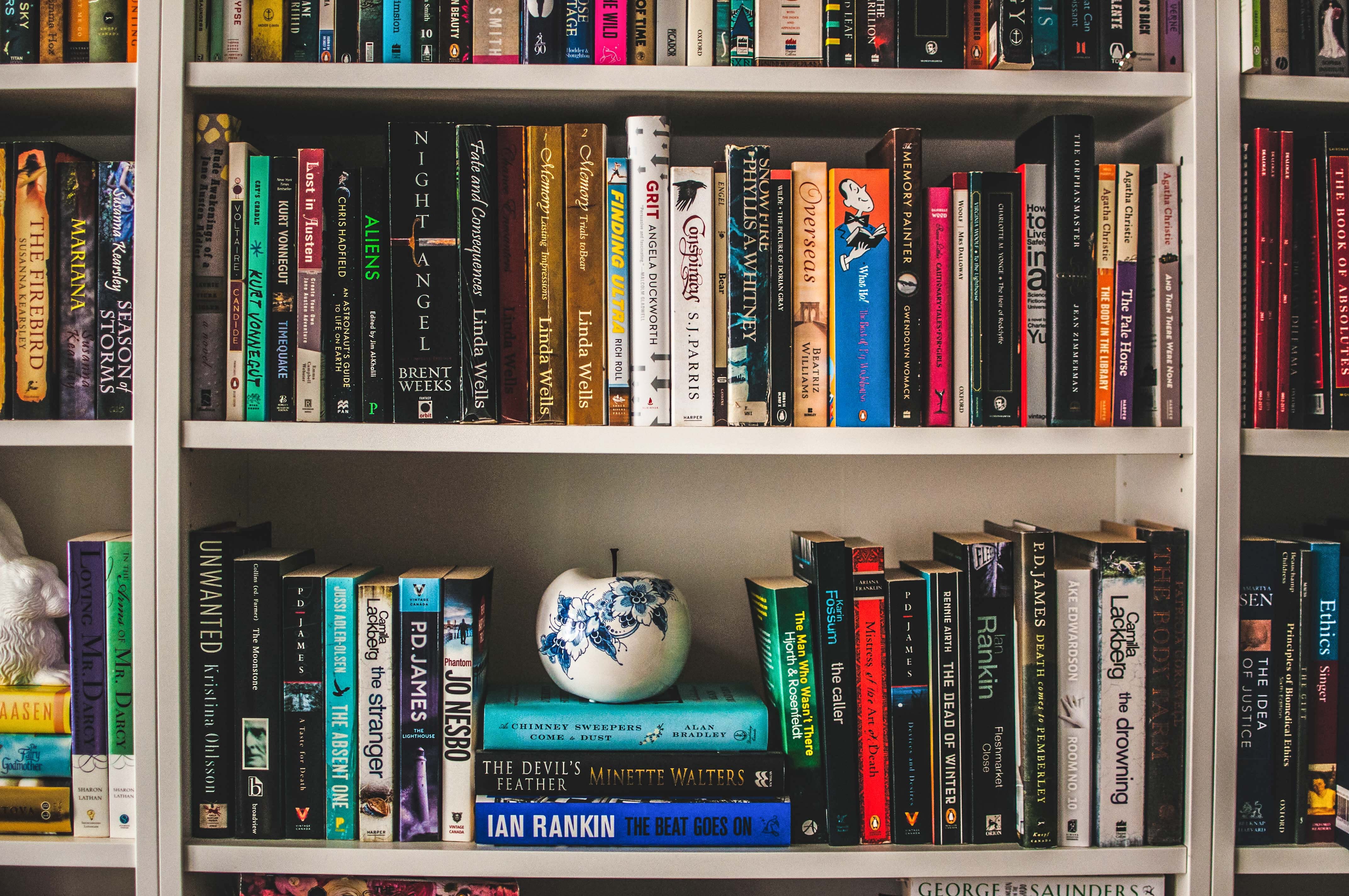 White bookshelves with lots of books.