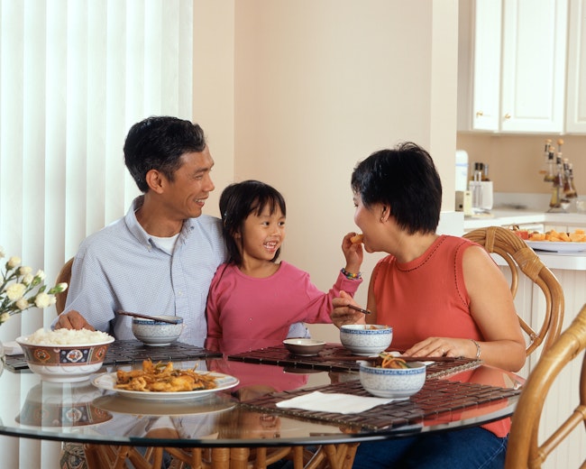 Happy family eating at the dinner table.