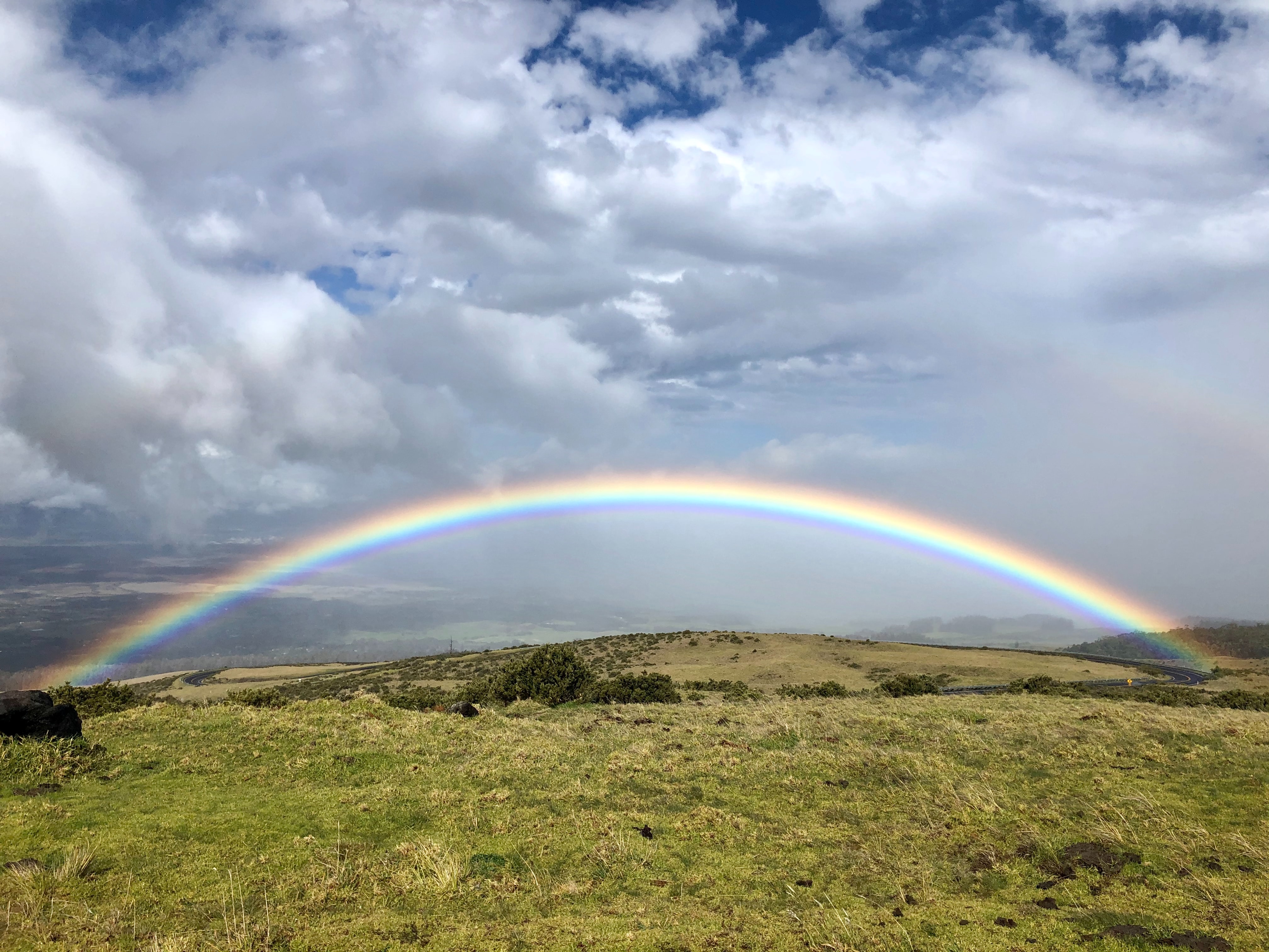 Rainbow over a green area.