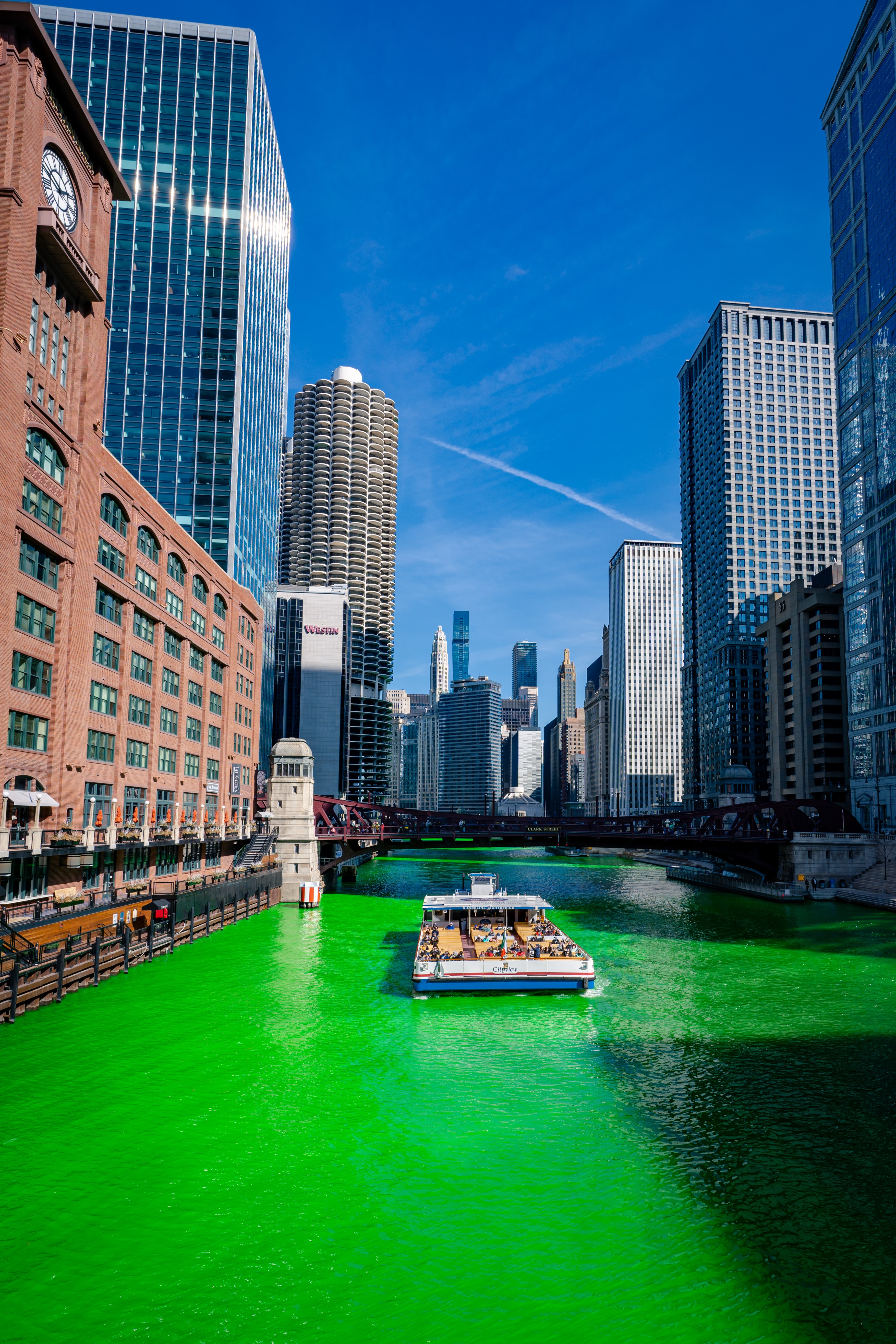Chicago River dyed green for St. Patrick's Day.